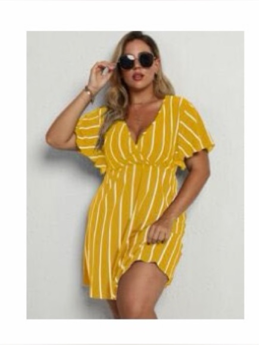 SHEIN Mustard Yellow & White Striped V-Neck Mini Dress